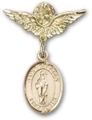 Gold Filled Baby Badge with St. Gregory the Great Charm and Angel with Wings Badge Pin