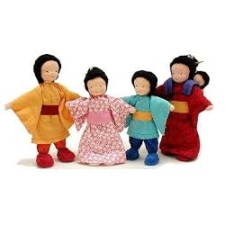 Asian Doll Family Set of 5 Pieces for Dollhouse: Natural Dolls perfect for Plan Toys, Waldorf, etc.