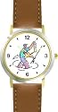 Fly Fisherman or Man in Wading Boots with Fish Fishing - WATCHBUDDY&reg; DELUXE TWO-TONE THEME WATCH - Arabic Numbers - Brown Leather Strap-Women's Size-Small