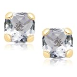 10k Yellow Gold Checker Board Cushion Cut Aquamarine Stud Earrings