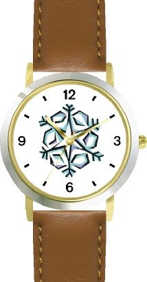 Snowflake or Snow Flake Christmas Theme - WATCHBUDDY® DELUXE TWO-TONE THEME WATCH - Arabic Numbers - Brown Leather Strap-Size-Large ( Men