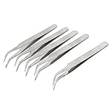 uxcell　カービングファイン先端ピンセット　メンテナンスツール　帯電防止　ジュエリー　シルバートーン　5個入り