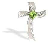 14K White Gold Genuine Square Peridot and Diamond Cross Pendant