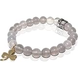 Gray Agate Stretch Bracelet with Yellow Gold Clover Leaf Charm & Stainless Steel Bead Accent