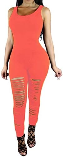Bamovo Women's Solid Orange Bodysuits Destroyed Ripped Fringe Skinny Jumpsuits M