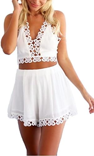 UWISH Womens V Neck Backless Crop Top Shorts 2 Pieces Summer Beach Dress White M