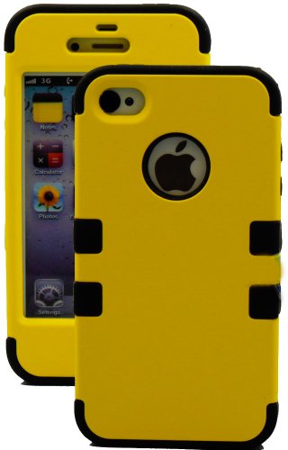 myLife (TM) Black and Yellow - Flat Color Series (3 Piece Protective) Hard and Soft Case for the iPhone 4/4S (4G) 4th Generation Touch Phone (Fitted Front and Back Solid Cover Case + Internal Silicone Gel Rubberized Tough Armor Skin + Lifetime Warranty + Sealed Inside myLife Authorized Packaging) "ADDITIONAL DETAILS: This three layer iphone 4 armor skin gel fit together case is made of grip easy smooth silicone and hardshell plates that slide in to your pocket easily yet won't slip out of your hand"