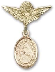 14K Gold Baby Badge with St. Madonna Del Ghisallo Charm and Angel with Wings Badge Pin
