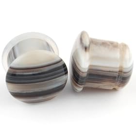 Pair of Black Tibetan Agate Single Flared Cabochon Front Plugs: 10g