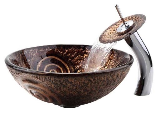 Luna Glass Vessel Sink and Waterfall Faucet C-GV-650-19mm-10ORB: 16.5