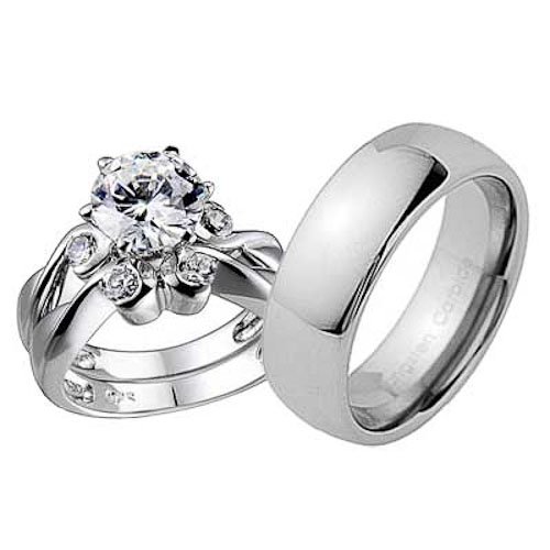 Men Women Sterling Silver Tungsten Round CZ Engagement Wedding Bridal Ring Set Men Women Sterling Silver Tungsten Round CZ Engagement Wedding Bridal Ring Set