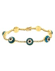 18K Yellow Gold 2.08Ct Black White Diamond Blue Enamel Evil Eye Bracelet 7.2" 24.4 Gr
