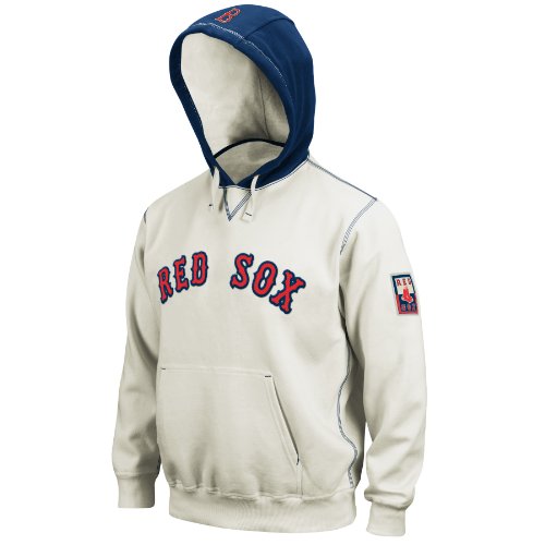 MLB Boston Red Sox 1969 Cooperstown Adult Long Sleeve Hooded Fleece Pull Over (Scoured Natural/Athletic Navy, Large)