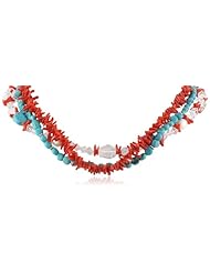 Crystal, Turquoise Nuggets and White Rice Freshwater Cultured Pearls Sterling Silver Accents 3 Row Red Coral, Turquoise Coins and Crystal Strand Necklace, 18"