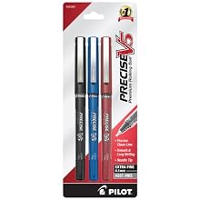 Pilot Precise V5 Stick Rolling Ball Pens, Extra Fine Point, 3-Pack, Black/Blue/Red Inks (35354)
