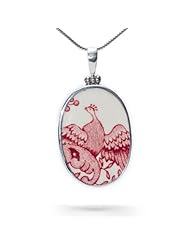 Vintage Gustavsberg Porcelain (Asiatic Pheasants Pattern) and 925 Sterling Silver Pendant, Crimson Pheasant Design, Oval Shape