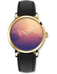 SPRAWL Aanalog Fashion Series Gold Ladies Watches of Genuine Black Leather Strap,Unique Wrist Watch for Women Girls Designed with Black Clouds and tree on the field
