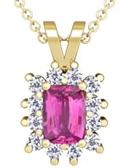 18K Yellow Gold Cushion Cut Pink Sapphire And Round Diamond Pendant