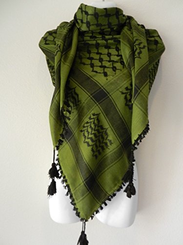 Dk Green Olive Black Embroided Arab Shemagh Head Scarf Neck Wrap Cottton Unisex