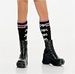 5570 Acrylic Double Striped Knee Highs w/Woven Skulls, Black/Pink, One Size