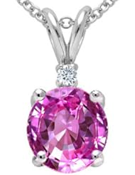 Tommaso Design (tm) Round 7mm Created Pink Sapphire and Genuine Diamond Pendant in 14 kt White Gold