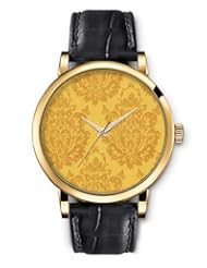 SPRAWL Aanalog Fashion Series Gold Ladies Watches of Genuine Black Leather Strap,Unique Wrist Watch for Women Girls Designed with Flor old coffee on yellow background