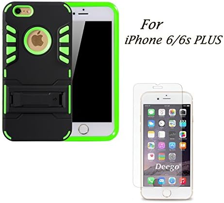 Dotopwhj Phone Case for iPhone 6/6s Plus Shock-proof Hard Case Cover Stand Holder Clip with 5.5in Tempered Glass Screen Protector 3 in 1 Ultra Protection, Green