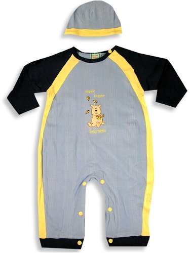 Beyond Basics Kids   Infant Baby Boys Long Sleeved Coverall with Matching Cap  Blue  Yellow