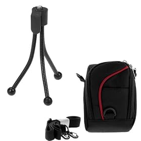 GTMax Black w/Red Strip Pouch Nylon Case + Black Mini Tripod Stand for Sony Bloggie MHS-TS20/TS10, Kodak PlaySport (Zx3) HD Waterproof Pocket Video Camera