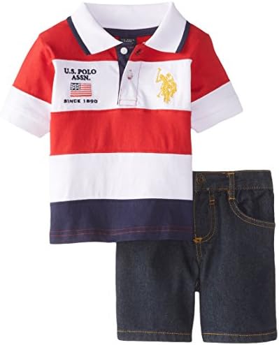 U.S. Polo Assn. Baby Boys' Cut and Sew Polo and Denim Short, Engine Red, 24 Months