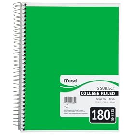 Mead Spiral Notebook, 5-Subject, 180-Count, College Ruled, Green (72239)