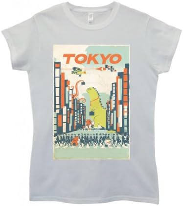 Tokyo City Cartoon Dinasaur Cool Funny Hipster Swag White Women Top T-Shirt-Medium