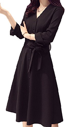 (ペプ) PEPU Ｖネック ウエスト リボン ロング フレア ワンピース レディース きれいめ 膝丈 ブラック フォーマル ドレス 七分袖