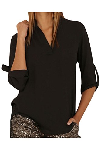 YUTRENDS Women's Cuffed Sleeve Plus Size V-Neck Solid Blouse Shirts Tops