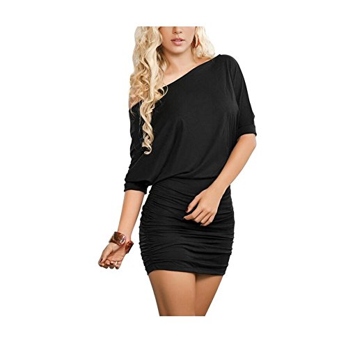 Anxihanee Women Sexy Off Shoulder Short Sleeve Mini Pleated Dress (XL, Black)