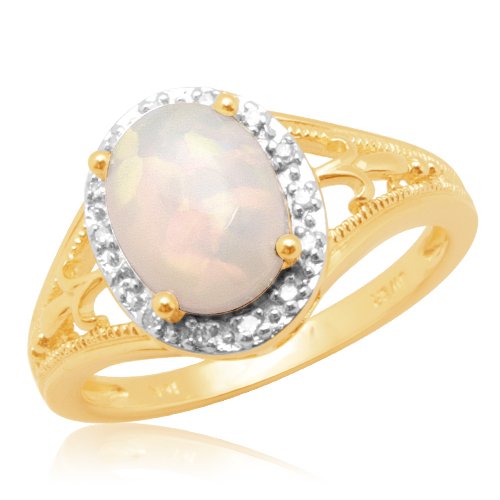 10k Yellow Gold Cabochon Oval Created Opal Center with Diamonds Ring, Size 9