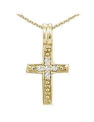14K Yellow Gold Small Diamond Cross Pendant with 18" Chain