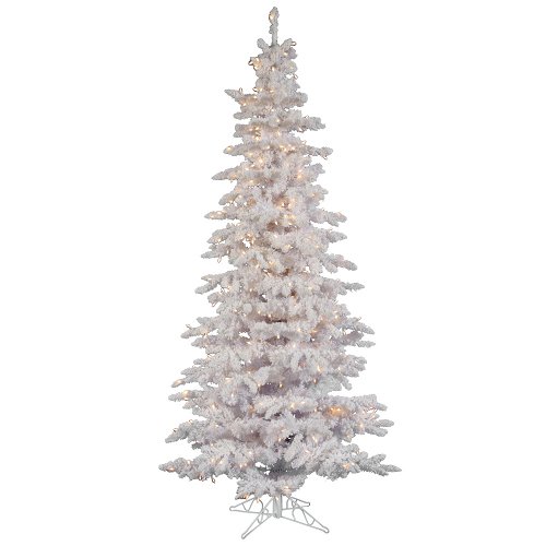 7.5' Pre-Lit Flocked White Spruce Slim Artificial Christmas Tree - Clear LED