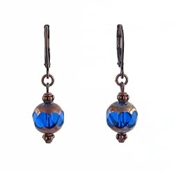 Earrings - E218 - Crystal and Copper Plated Glass Beads ~ Sapphire Blue