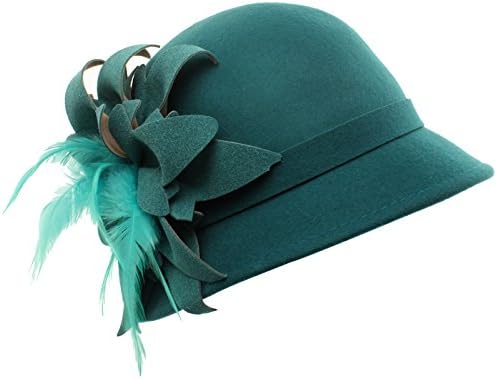 Winter Wool 1920s Classy Feathers Bunched Petal Floral Cloche Bucket Hat Teal