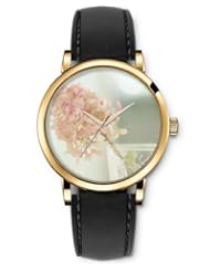 SPRAWL Aanalog Fashion Series Gold Ladies Watches of Genuine Black Leather Strap,Unique Wrist Watch for Women Girls Designed with Branch of pink flower