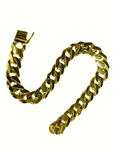 10K Solid Gold Heavy Handmade Curb Link Mens Bracelet 11Mm (10053