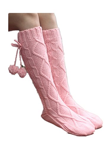 Women Knitted Knee High Slipper Socks with Grips Anti-skid Boot Socks Blue