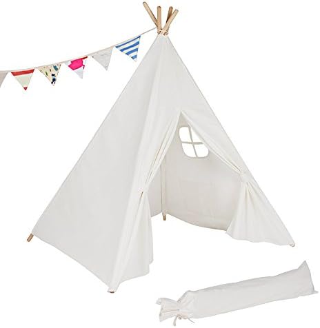 Petit Bella Kids India Teepee Tent Children Play Tent Canvas Canopy Play House Indoor Outdoor Camping One Window Preassemble Portable Cotton 8 Poles White