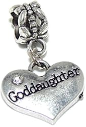 Jewelry Monster Dangling 2 Sided "Goddaughter Heart" w/ White Crystals Charm Bead for Snake Chain Charm Bracelet