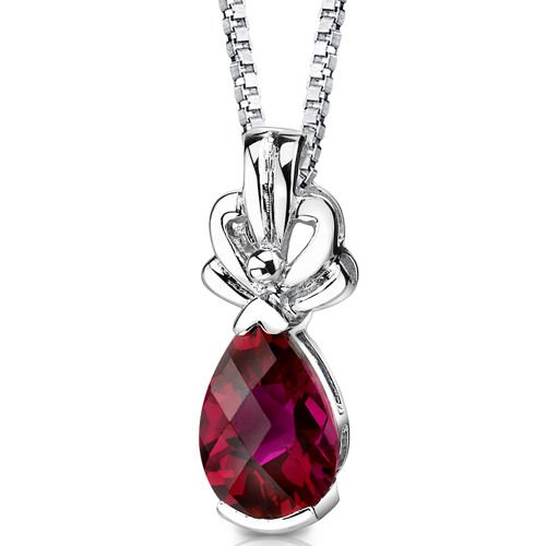 Royal Grace: Sterling Silver Rhodium Finish Pear Shape Checkerboard Cut Ruby Pendant with 18 inch Silver Necklace