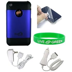3n1 Combo - 2-Tone Dark Blue / Black Rubberize Textured Hard Shell Snap On Case Cover + Home and 12v Car Charger - Compatible for Apple iPhone 3G 8 GB 16 GB (iPhone NOT included) + Bonus Young Micro - Live Green WristBand
