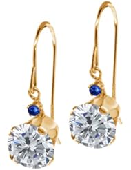 2.04 Ct Round H/I Diamond Blue Sapphire 14K Yellow Gold Earrings