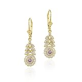 18K Gold over Sterling Silver Amethyst & Diamond Flower w/ Leaves Leverback Earrings