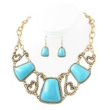 Chunky Gold Turquoise Stone Necklace and Earrings Set Fashion Jewelry